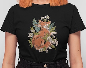 Fox T-shirt women forest graphic nature plants animal motif shirt woman birthday gift t-shirt botanical