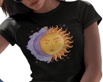 Sonne und Mond T-shirt Frau Sterne Spiritual Shirt Damen Mondphasen Boho Grafik Tshirt