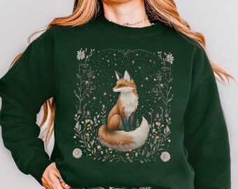 Fox sweatshirt, forestcore sweater, cottagecore clothing, vintage sweater, goblincore, forest animal sweater, gift for her, folkcore fox