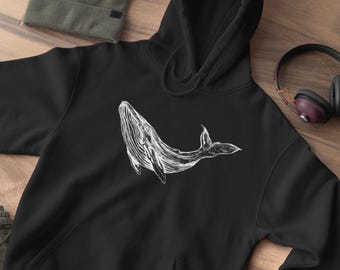 Felpa con cappuccio biologica con balena disegnata a mano, moda sostenibile per gli amanti della natura, design marittimo, amore per l'oceano, amante della natura, minimalista, eco