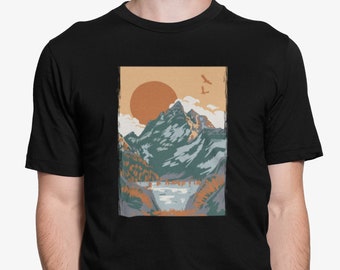 Berge Herren T-shirt Vintage Sonnenuntergang Natur Druck Shirt Mann Wandern Naturliebhaber Tshirt Geburtstag Geschenkidee