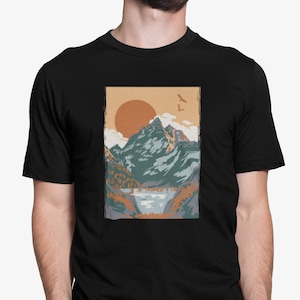 Berge Herren T-shirt Vintage Sonnenuntergang Natur Druck Shirt Mann Wandern Naturliebhaber Tshirt Geburtstag Geschenkidee