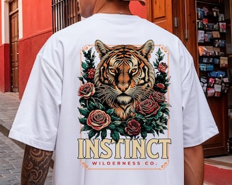Een zwaar, oversized vintage shirt, comfortabel gekleurd heren T-shirt, tijgerprint herenshirt, Aziatische, wildernislook, streetwearstijl, cadeau voor hem