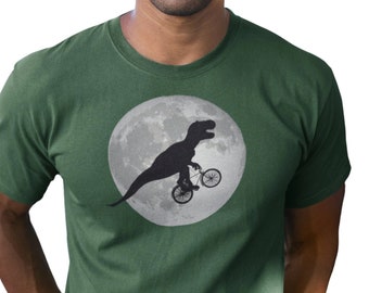 Dino mit Fahrrad und Mond T-shirt Herren Alternativ Grafik Lustig Shirt Mann