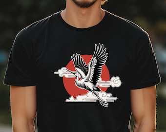 Asiatischer Kranich Shirt, Japan Style T-Shirt Herren, Vintage Asia Streetwear, Geschenk für ihn, Natur Motiv Tee, Retro Kunst Shirt,Vintage
