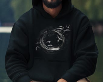 Biologische hoodie voor natuurliefhebbers, duurzame mode met vogelcirkelontwerp, verbondenheid met de natuur, mindfulness, handgetekend, symbool van het leven