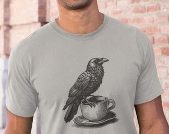 Kaffee Rabe Shirt Männer, Mystic Raven T-Shirt, Geschenk für Kaffeeliebhaber, Gothic Shirt Herren, Krähe Motiv Shirt, Outdoor Shirt,Mystisch