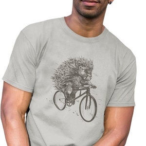 Porcupine on a bike men's t-shirt funny graphic shirt man animal motif cycling animal hedgehog print t shirt