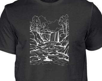 Line Art Kajak Natur T-Shirt, Paddeln auf dem Fluss Shirt, Minimal Outdoor Design, Kayak Tee Herren, Naturfreunde Geschenk, Abenteuer Look