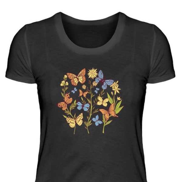 T-Shirt Damen Schmetterlig Blumen Grafik Shirt Frau Sommer Natur Garten T Shirt