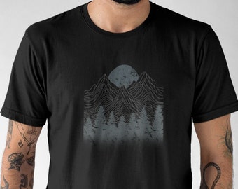 Berge und Wald T-shirt Herren Natur Grafik Wandern Shirt Mann Mond Druck Abenteuer T shirt