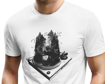 Forêt sur disque t-shirt hommes nature graphique moderne imprimé chemise homme arbre musique t-shirt