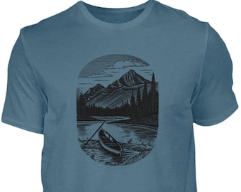 Kajak und Berglandschaft T-shirt Herren Grafik Natur Berge Abenteuer Shirt Mann Camping Kanu Fluss Druck