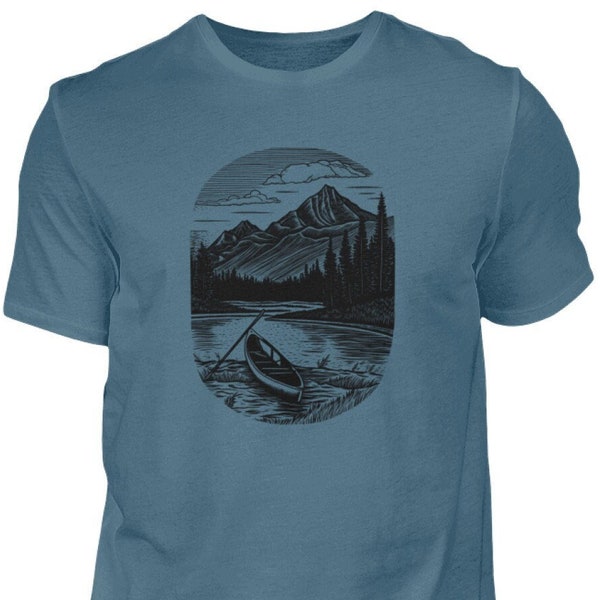 Kajak und Berglandschaft T-shirt Herren Grafik Natur Berge Abenteuer Shirt Mann Camping Kanu Fluss Druck