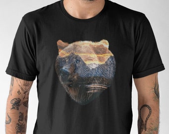 Grizzly Grafik Herren T-shirt Wildtier Natur Motiv Shirt Mann Geburtstag Geschenkidee Bär Berge Druck Naturliebhaber Baumwolle Tshirt