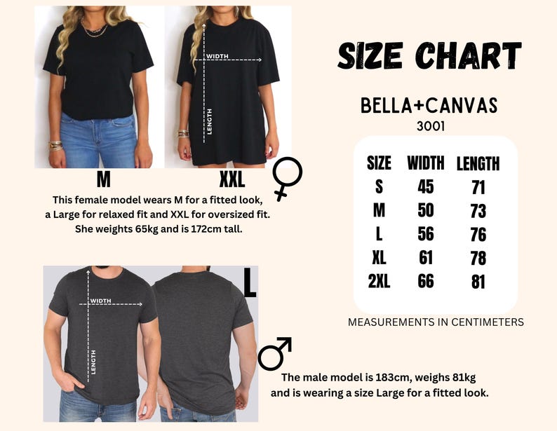 May include: Size chart for Bella + Canvas 3001 t-shirts. The chart shows width and length measurements in centimetres for sizes S, M, L, XL, and 2XL.