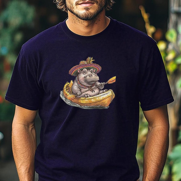 Nilpferd im Kajak T-Shirt Herren lustiger Druck Hippo Kanu Shirt Mann Natur witziger Druck Baumwolle T Shirt Geschenk