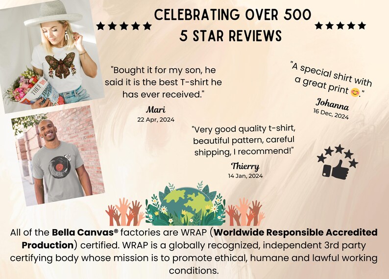 May include: A collage of customer reviews highlighting the positive feedback received for a t-shirt company. The reviews mention the quality of the t-shirts, the beautiful patterns, and the careful shipping. The company is certified by WRAP, a globally recognised, independent 3rd party certifying body that promotes ethical, humane and lawful working conditions.