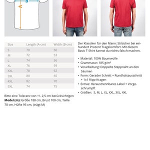 May include: A size chart for a basic t-shirt with a crew neck and short sleeves. The chart shows the size, length, and width in centimeters. The text on the chart says "Der Klassiker f&uuml;r den Mann: Stilsicher bei einhundert Prozent Tragekomfort. Mit diesem Basic T-Shirt kannst du nichts falsch machen."