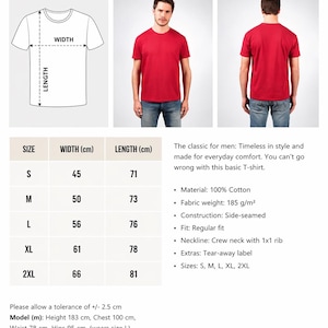 Op de afbeelding: Rood T-shirt met ronde hals, voor- en achteraanzicht, met maattabel. Maten vari&euml;rend van S tot 2XL, met breedtes van 45 cm tot 66 cm en lengtes van 71 cm tot 81 cm. Gemaakt van 100% katoen.