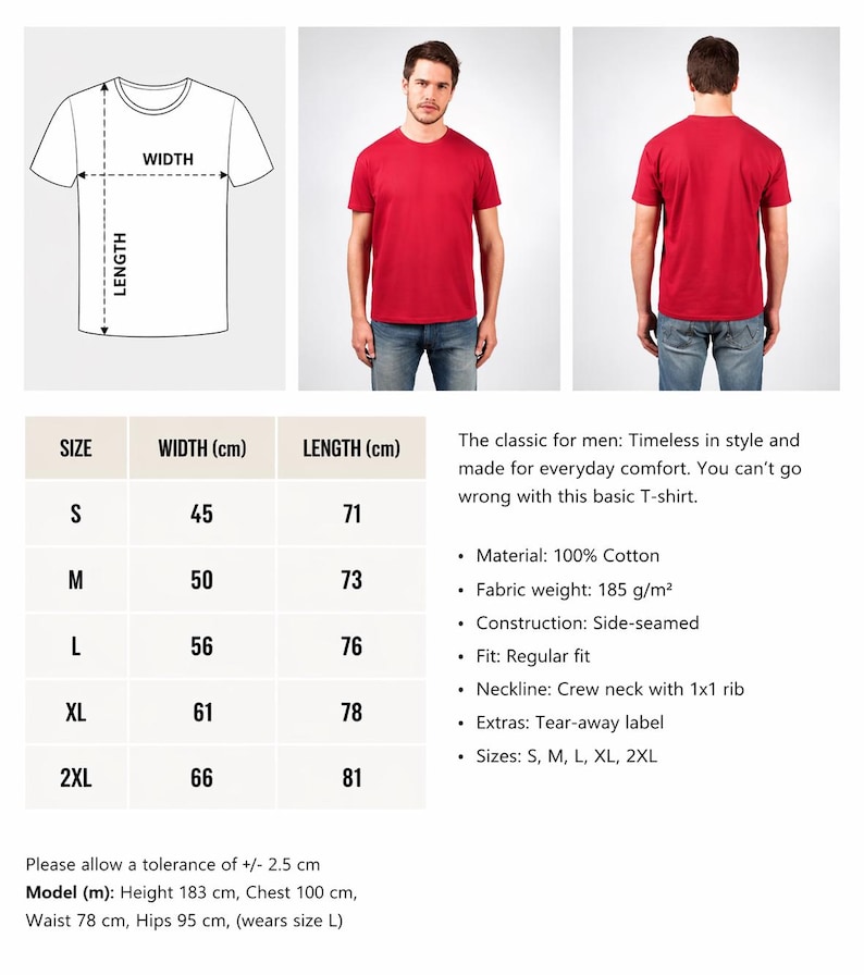 Op de afbeelding: Rood T-shirt met ronde hals, voor- en achteraanzicht, met maattabel. Maten vari&euml;rend van S tot 2XL, met breedtes van 45 cm tot 66 cm en lengtes van 71 cm tot 81 cm. Gemaakt van 100% katoen.