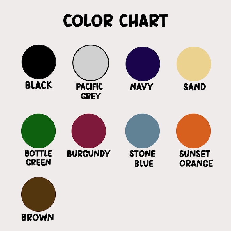 Op de afbeelding: Een kleurenkaart met de titel "COLOR CHART". De kaart toont negen kleurstalen: zwart, Pacific grijs, marine, zand, flessegroen, bordeaux, steenblauw, zonsondergang oranje en bruin. Elke staal is voorzien van een kleurnaam.