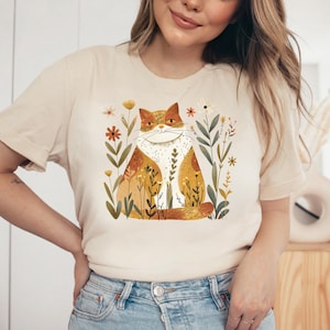 Folk Art Cat Shirt, Countrycore Cat Shirt, Gift for Her, Gift Idea Mom, T-Shirt Women, Cottagecore T-Shirt, Cat T-Shirt