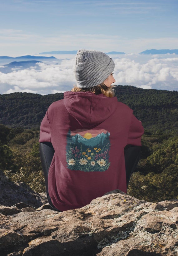 Sweat à capuche bio à fleurs pour femme, motif coucher de soleil