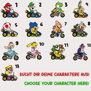 Op de afbeelding: Een verzameling stripfiguren op voertuigen, elk genummerd van 1 tot 13. De personages komen uit een videogame. De tekst onderaan luidt "CHOOSE YOUR CHARACTER HERE!"