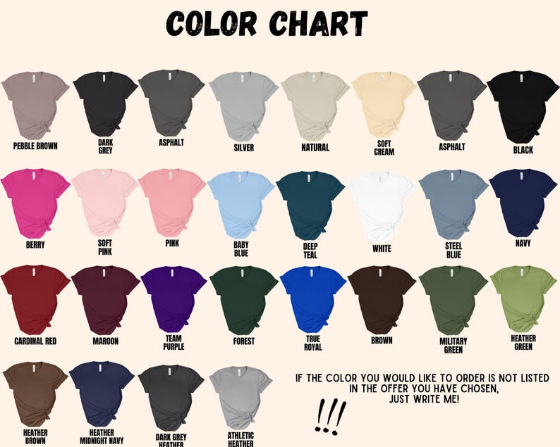 May include: Colour chart displaying 36 different t-shirt colours. The colours are arranged in rows and columns, with the names of each colour listed below each swatch. The colours include: Pebble Brown, Dark Grey, Asphalt, Silver, Natural, Soft Cream, Asphalt, Black, Berry, Soft Pink, Pink, Baby Blue, Deep Teal, White, Steel Blue, Navy, Cardinal Red, Maroon, Team Purple, Forest, True Royal, Brown, Military Green, Heather Green, Heather Brown, Heather Midnight Navy, Dark Grey Heather, Athletic Heather.