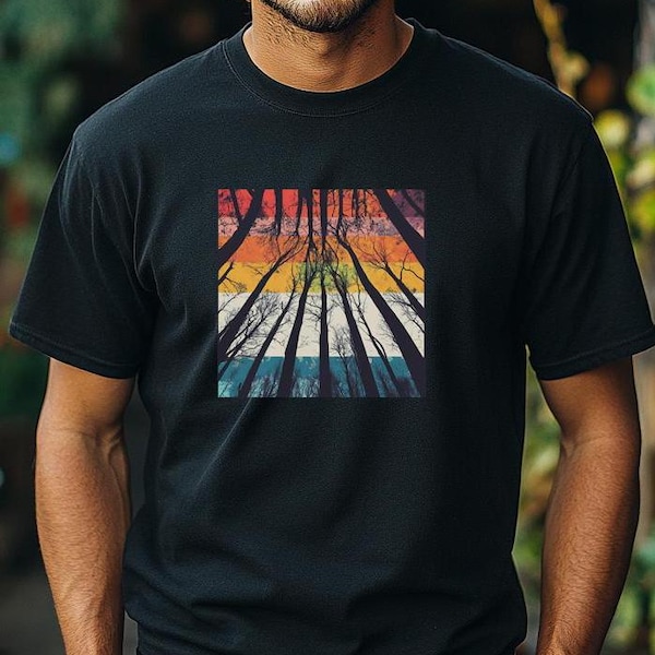Bäume- Bunte Grafik T-Shirt Herren Wald Druck Shirt Mann Nature Wandern Design Tshirt