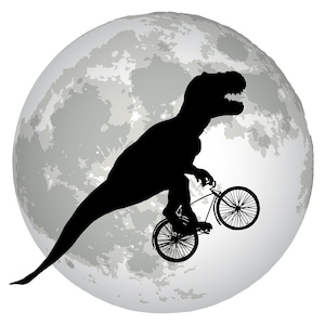 May include: A black silhouette of a dinosaur riding a bicycle in front of a full moon.