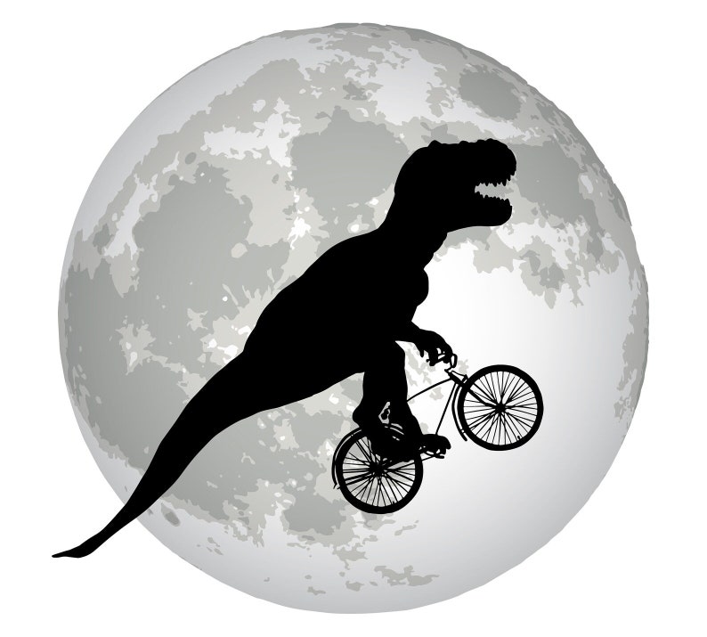 May include: A black silhouette of a dinosaur riding a bicycle in front of a full moon.