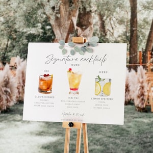 Puede incluir: Un cartel blanco con el texto "Signature Cocktails" y los nombres de tres cócteles: "Old Fashioned", "Mai Tai" y "Lemon Spritzer". Cada cóctel está ilustrado con una pintura de acuarela de un vaso con los ingredientes enumerados debajo.