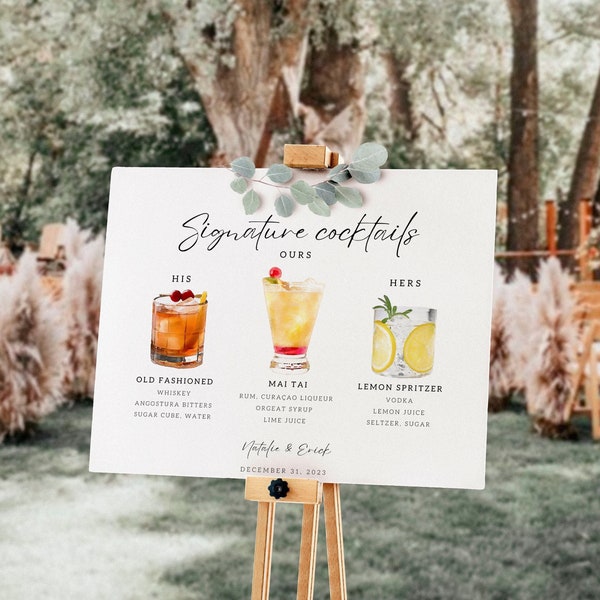 Signature Drinks Sign Template | Signature Cocktail Sign | Minimalist Wedding Bar Menu Sign | His and Hers Bar Sign | Editable Template|8x10