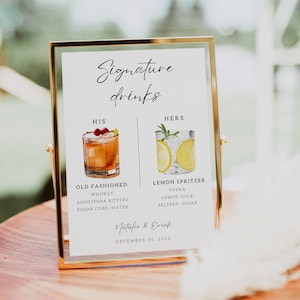 Plantilla de signo de bebidas exclusivas / Signo de cóctel exclusivo / Signo de menú de barra de boda minimalista / Signo de barra para él y ella / Plantilla editable
