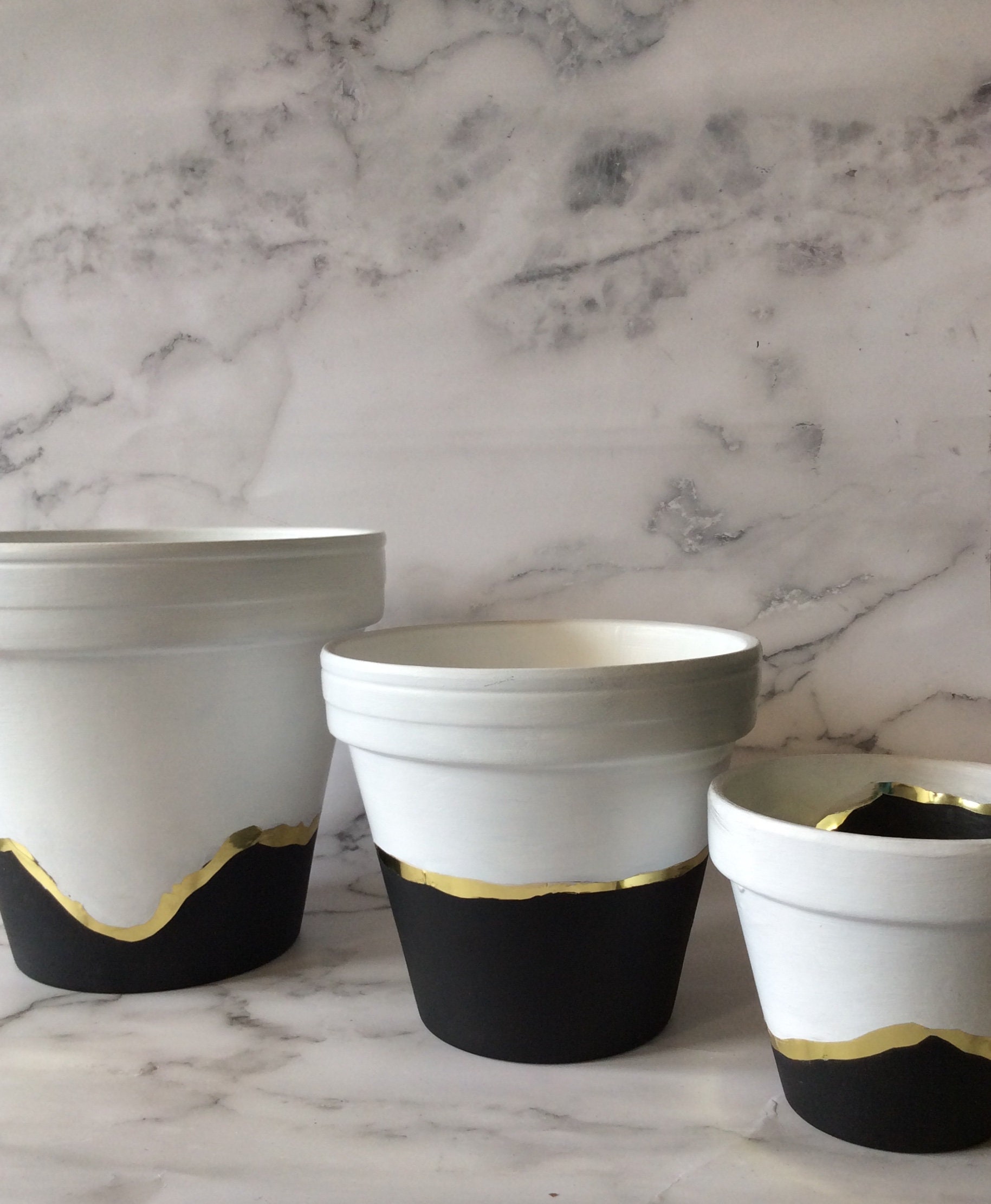 Black & White hand painted Pot/Planter comes with saucers as Etsy