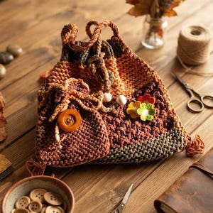 Handstickad väska, rustik handväska med myntpåse, höstboho-accessoar