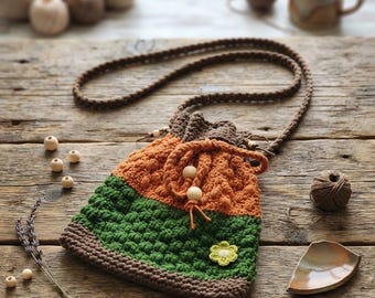 Handmade Crochet Crossbody, Rustic Boho Bucket, Knitted Shoulder Purse, Thanksgiving Gift, Autumn Fall Accessory