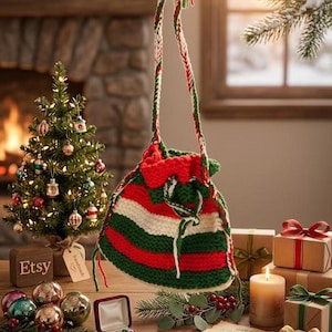 Bolsas de regalo tejidas, juego de 3 bolsas navideñas con cordón, rojas y verdes.