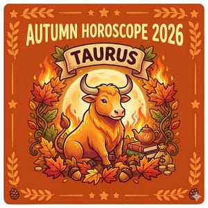 May include: An orange square graphic with the text "AUTUMN HOROSCOPE 2026" and "TAURUS". The image features a cartoon bull with a full moon background, surrounded by autumn leaves, acorns, and a teapot.