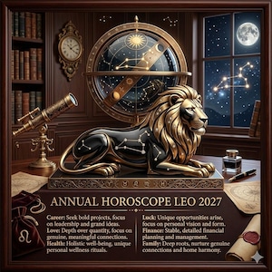 Op de afbeelding: Een gedetailleerde illustratie van een Leo-zodiakthema. Een gouden leeuwenstandbeeld met een zwart lichaam en constellatiedetails staat op een tafel. De afbeelding bevat een wereldbol, telescoop, klok en tekst: "ANNUAL HOROSCOPE LEO 2027".
