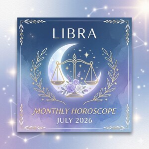 May include: Square graphic with a watercolour background in shades of blue and purple. The word "LIBRA" is at the top, with a crescent moon and scales in the centre. The text "MONTHLY HOROSCOPE JULY 2026" is at the bottom, with floral and leaf accents.