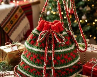 Handmade Knitted Christmas Santa Sack Stocking Bag, Traditional Folk Design, Reusable Drawstring Gift Pouch, Festive Decor (45x32 cm)