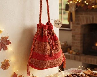 Handmade Knitted Autumn Drawstring Bag, Thanksgiving Gift Pouch, Rustic Fall Home Decor, Women's Knitted Tote Purse