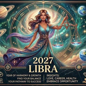 Könnte beinhalten: Ein astrologisches Poster für Waage 2027 mit einer zentralen Figur, die eine goldene Waage vor einem kosmischen Hintergrund aus Planeten und Sternen hält. Der Text lautet 2027 LIBRA, KEY DATES: TO SUCCESS, YEAR OF HARMONY & GROWTH, FIND YOUR BALANCE, YOUR PATHWAY TO SUCCESS, INSIGHTS: LOVE, CAREER, HEALTH, EMBRACE OPPORTUNITY und DEEP CONSTELLATIONAL GUIDANCE.