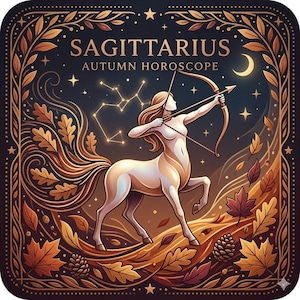 May include: A decorative illustration of the Sagittarius zodiac sign. It depicts a centaur with a bow and arrow, surrounded by autumn leaves and stars. The text "SAGITTARIUS AUTUMN HOROSCOPE" is displayed in gold against a dark blue backdrop, within a detailed border.