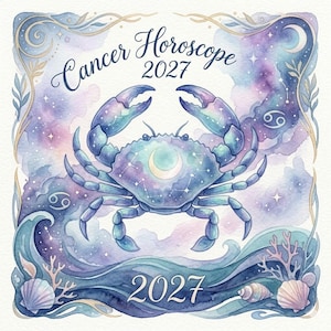 May include: Watercolor illustration of a blue crab with a crescent moon on its shell, set against a cosmic background. The text "Cancer Horoscope 2027" is displayed above the crab, with "2027" at the bottom. The artwork features waves, seashells, and stars.