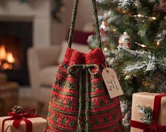 Handmade Christmas Knit Tote, Festive Red and Green Bucket Purse, Rustic Winter Drawstring Pouch, Adjustable Shoulder Accessory
