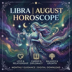 May include: An illustrated digital artwork featuring a celestial theme. The image displays the text "LIBRA | AUGUST HOROSCOPE" with a woman holding scales, surrounded by stars and constellations. Additional text includes "LOVE & RELATIONSHIP", "CAREER & DIPLOMACY", and "BALANCE & GROWTH".